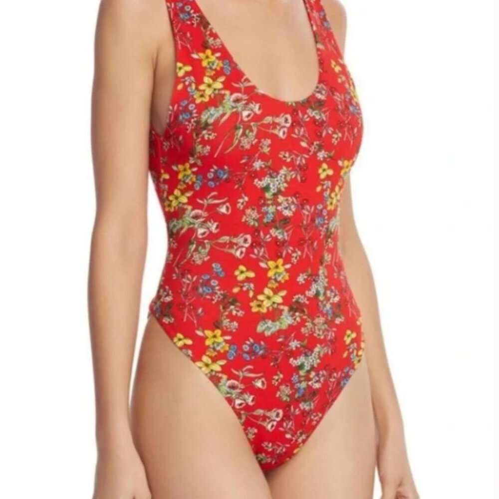 Alice + Olivia Arona Red Floral Thong Bodysuit Size XS
